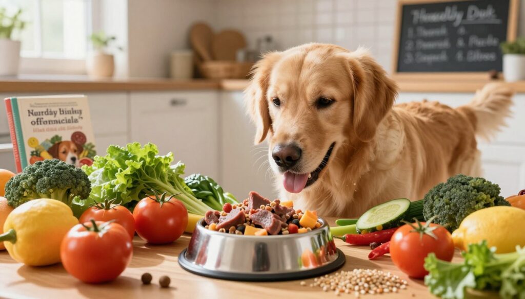 A vibrant and inviting scene featuring a balanced diet for dogs, showcasing a variety of nutritious foods. In the foreground, a dog's bowl filled with fresh vegetables, lean proteins, and wholesome grains, surrounded by a colorful array of fruits and herbs. The middle ground includes a joyful dog—perhaps a golden retriever—looking healthy and vibrant, playfully sniffing the food ingredients. In the background, a sunlit kitchen with warm wooden accents, showcasing a healthy lifestyle with pet-focused cookbooks and a chalkboard with nutrition tips. The lighting is bright and cheerful, evoking a sense of vitality and wellness. The angle is slightly above the dog's eye level, capturing the essence of a healthy diet contributing to a long and energetic life.