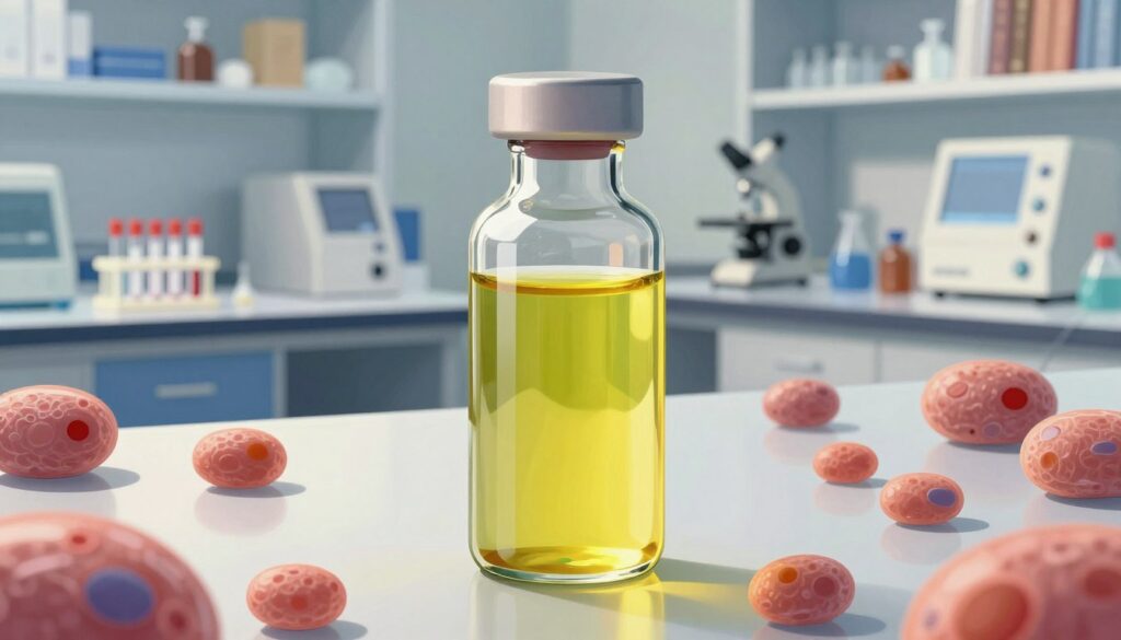 A vibrant illustration of bilirubin in a laboratory setting, focusing on a detailed glass vial filled with a rich yellow-green liquid representing high bilirubin levels. In the foreground, magnified views of liver cells display signs of hemolysis, with vivid colors to indicate pathology. The middle ground features a clean, well-lit laboratory table lined with test tubes and diagnostic equipment, showcasing an atmosphere of scientific investigation. The background includes blurred shelves filled with medical textbooks and equipment, enhancing the clinical environment. Soft, warm lighting casts gentle shadows, creating an atmosphere of focused inquiry, while the overall mood conveys urgency and professionalism in the study of jaundice-related conditions.