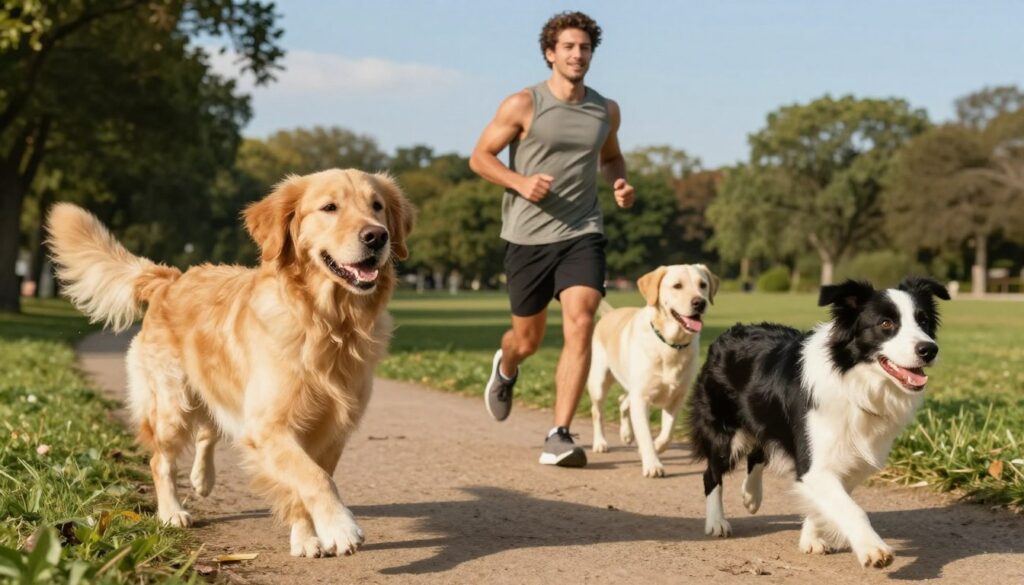 A vibrant scene depicting active dog breeds in an outdoor setting, showcasing energy and companionship. In the foreground, a cheerful Golden Retriever and an enthusiastic Border Collie play fetch, their fur shining in the sunlight. The middle ground features a trail where a fit individual, dressed in modest athletic wear, jogs alongside a lively Labrador Retriever, both exuding vitality. In the background, a lush park landscape with green trees and a clear blue sky enhances the sense of activity and freedom. The lighting is warm and inviting, capturing the joy of outdoor exercise with dogs. The overall mood is uplifting and energizing, perfect for illustrating the bond between active dog breeds and their owners.