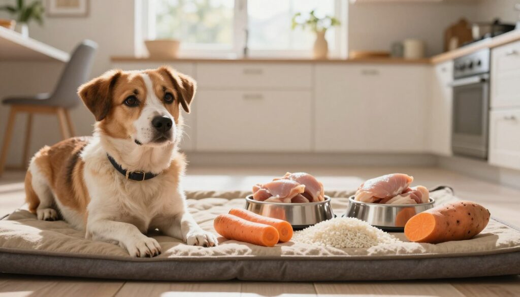 A visually appealing and informative composition showcasing a dog's elimination diet. In the foreground, a healthy dog lying on a comfortable dog bed, looking curious, surrounded by various fresh and natural food ingredients like carrots, sweet potatoes, chicken, and rice, representing the components of an elimination diet. In the middle, a neatly organized layout of food bowls filled with these ingredients, emphasizing health and nutrition. The background features a well-lit kitchen environment with sunlight filtering through a window, creating a warm and inviting atmosphere. The overall mood is positive and hopeful, highlighting the importance of diet in addressing food allergies in dogs, captured with a soft focus and natural colors to convey a sense of well-being.