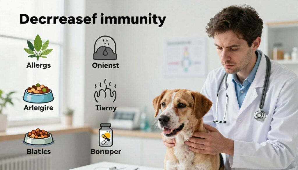 A visually engaging depiction of the various causes of decreased immunity in dogs, portrayed in a split scene. In the foreground, a concerned veterinarian examines a dog with noticeable skin issues, showing symptoms such as hair loss and itching. The middle ground features an assortment of potential factors affecting immunity, including environmental elements like allergens, stress indicators, and dietary issues represented by food bowls and supplements. The background showcases a calming veterinary clinic filled with soft, natural lighting, creating an atmosphere of care and concern. The angle is slightly above eye-level to provide a comprehensive view of the situation, focusing on the dog’s condition and the veterinarian’s attentive analysis. Overall, the image conveys a sense of urgency while maintaining a professional and educational tone.