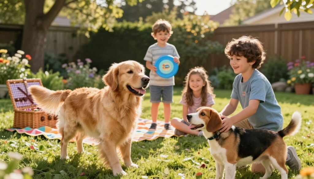 A warm and inviting scene depicting a family with children playing joyfully in a sunny backyard, surrounded by friendly dogs. In the foreground, a happy golden retriever and a playful beagle are engaging with two smiling children, one holding a frisbee and the other petting the dog's head. The middle ground includes a colorful picnic blanket with a picnic basket, creating a cozy family atmosphere. In the background, a lush green garden with blooming flowers and tall trees enhances the serene environment. The lighting is soft and warm, simulating late afternoon sunlight, casting gentle shadows. Capture a joyful, playful mood that showcases the bond between children and dogs in a family-friendly setting.