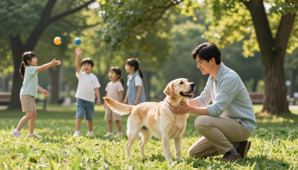 A warm and inviting scene depicting a responsible parent interacting with their gentle dog in a sunny park setting. In the foreground, a parent, dressed in casual yet neat clothing, kneels beside a large, friendly dog, perhaps a Labrador or Golden Retriever, demonstrating care and affection. The dog's tail wags enthusiastically, showcasing its friendly demeanor. In the middle ground, children play joyfully, some tossing a ball, while others pet the dog, highlighting a bond of trust and companionship. The background features lush green trees, dappled sunlight filtering through the leaves, creating a serene atmosphere. Capture this moment with soft, natural lighting, focusing on the connection between the family and the dog, evoking feelings of love, responsibility, and harmony.