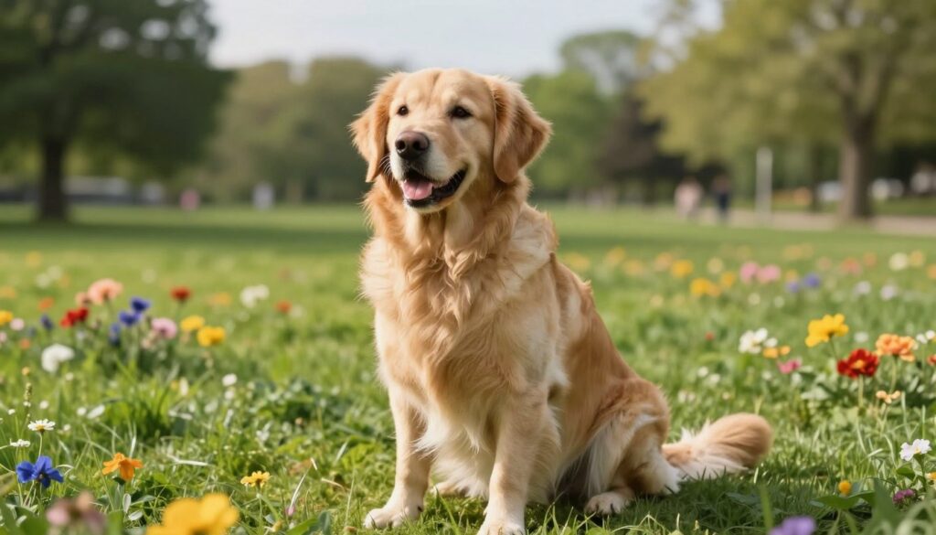 A warm, inviting scene showcasing a happy, relaxed dog in a serene park environment to illustrate behavioral changes after neutering. In the foreground, the dog, a medium-sized golden retriever, sits contentedly, with a gentle expression and its tail wagging. The middle ground features a lush green lawn scattered with colorful flowers, suggesting vitality and well-being. In the background, a soft-focus of trees and a blue sky adds to a peaceful atmosphere. The lighting is soft and natural, as if it's late afternoon, casting a warm glow over the scene. The overall mood is positive and harmonious, emphasizing the benefits of the procedure by showcasing the dog's newfound calm demeanor.