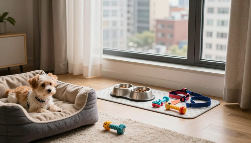 A warm, welcoming scene featuring a cozy apartment corner designed for a small dog in a city setting. In the foreground, a comfortable dog bed with soft textures and a few chew toys scattered around it. In the middle, a food and water bowl set on a stylish mat, with a collection of colorful dog accessories like a leash, harness, and grooming tools neatly arranged nearby. The background shows a window with sheer curtains, letting in soft, natural light, and a view of a bustling cityscape outside. The overall atmosphere is inviting and practical, reflecting a modern urban lifestyle for pet owners. Use soft focus and warm lighting to enhance the cozy ambiance.