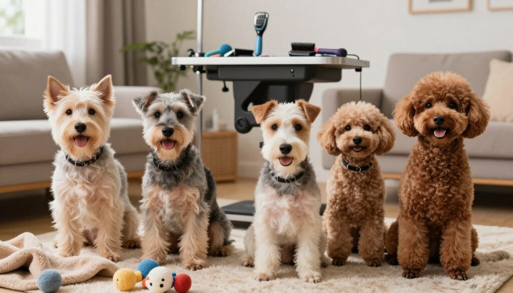 A well-groomed group of different dog breeds that require regular trimming, including a Soft Coated Wheaten Terrier, a Bedlington Terrier, and a Poodle, sitting together in a cozy living room setting. The dogs are looking joyful and well-cared for, showcasing their unique, fluffy coats. In the foreground, soft blankets and toys add warmth to the scene. The middle ground features a stylish dog grooming station with brushes and clippers neatly arranged, hinting at their regular grooming needs. In the background, soft natural light filters through a window, creating a warm and inviting atmosphere. The image captures the essence of companionship and care, highlighting the importance of grooming for these breeds.