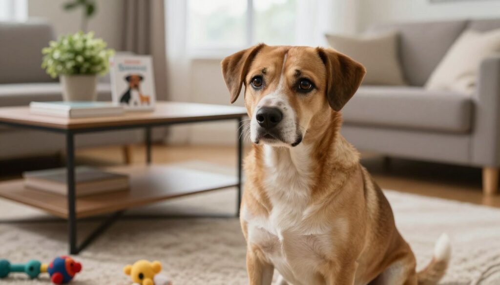 A worried dog sitting in a cozy living room, looking anxious with slightly drooping ears and wide eyes. The foreground features the dog on a soft, plush rug with a few scattered toys nearby, illustrating its nervous energy. In the middle ground, a coffee table is adorned with a dog-care book and a potted plant, creating a homely atmosphere. The background shows a window with soft, natural light streaming in, casting gentle shadows, enhancing the feeling of warmth and safety yet highlighting the dog's distress. The overall mood is one of concern and empathy, capturing the essence of chronic stress in pets. The image should be realistic, using a shallow depth of field to focus on the dog's expressions while keeping the surroundings soft and warm.