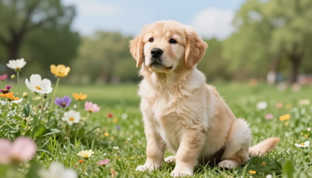 A young female dog, a Golden Retriever, is sitting in a lush green park, symbolizing her first heat cycle. In the foreground, the dog's bright fur shines under soft, natural sunlight, highlighting her youthful energy and innocence. In the middle, gently swaying flowers in pastel colors surround her, creating a vibrant and lively atmosphere. The background features a blurred landscape of trees and a blue sky, ensuring the focus remains on the dog. The angle is slightly low, emphasizing the dog’s posture and expression, which conveys curiosity and playfulness. The scene is serene and inviting, representing the beauty of nature and the transition to maturity in a gentle, heartwarming way.