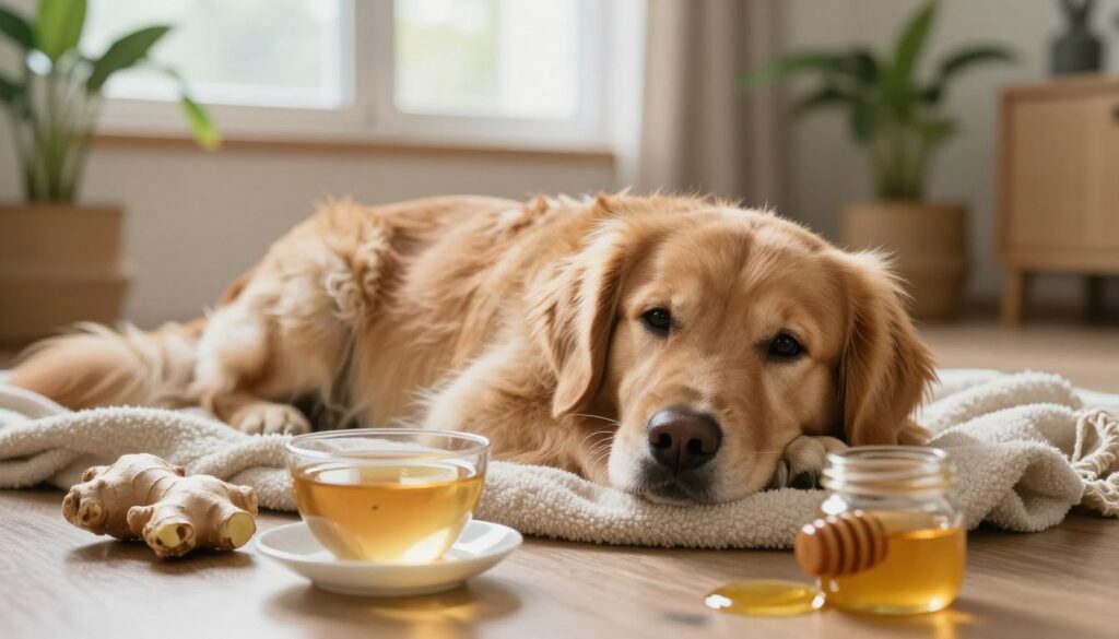 An adorable dog lying on a cozy blanket at home, surrounded by natural remedies for recovery. In the foreground, a small bowl of herbal tea, fresh ginger, and honey, symbolizing home remedies. In the middle ground, the dog, a golden retriever, looks comfortable and relaxed, with soft lighting illuminating its fur, creating a warm atmosphere. In the background, a gentle glow from a window, allowing soft daylight to fill the space, and potted plants enhancing the homey feel. The whole scene conveys a sense of comfort and care, emphasizing a peaceful environment ideal for recovery, capturing the essence of nurturing and support. The angle is slightly elevated, focusing on the dog's serene expression and the soothing elements around it.